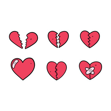 A hand-drawn doodle of broken hearts set on a white background.