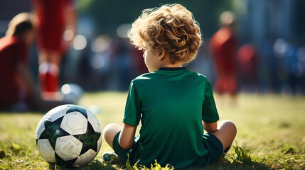 A Boy Is Sitting On The Football Pitch With A Ball 