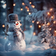 Snowman in winter forest. Christmas and New Year holidays background. Generative AI