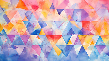 A watercolor painting of a colorful geometric pattern, composed of triangles, circles, and squares in different sizes and orientations, with splashes of paint to create a vibrant and dynamic style