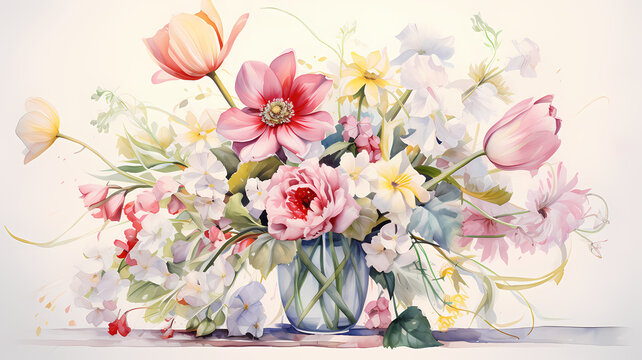 A watercolor painting of a bouquet of roses, tulips, and daisies in a glass vase, with soft and pastel colors, and drops of water to create a fresh and realistic style