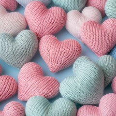 Knitted hearts in pastel colors closeup background detail Generative AI