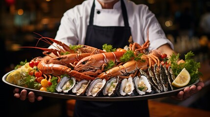 A chef presenting a stunning seafood platter with a variety of fresh catches,[chef]