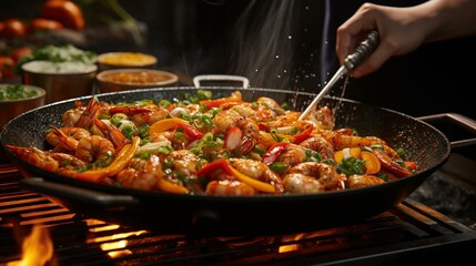 A chef seasoning a sizzling pan of seafood with aromatic herbs,[chef]