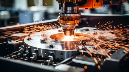 Precision CNC machining of metal parts with sparks flying,[mechanical engineering] - obrazy, fototapety, plakaty