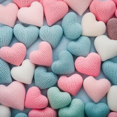 Knitted hearts in pastel colors closeup background detail Generative AI - 694848273