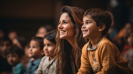 Obraz premium A mother watching her child play in a school play, experiencing the joy of seeing them shine,[joy of motherhood]