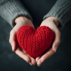 Female holding a red knitted heart in hands, top view Generative AI - 694848608