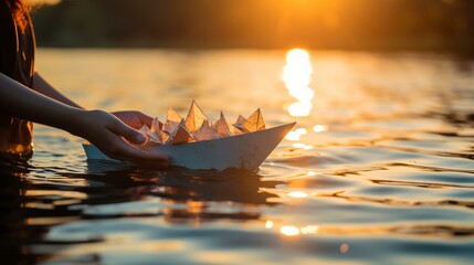 A person releasing a paper boat with self-doubts written on it into a serene body of water,[self-acceptance] - obrazy, fototapety, plakaty