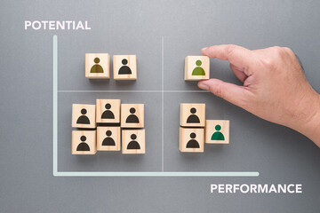 Closeup man picks a wood cube of person icon at the high potential and high performance position of...