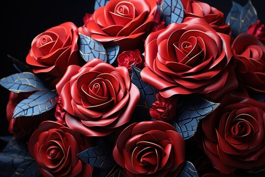 Red roses in an intricate arrangement, engagement, wedding and anniversary image