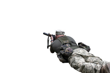 A Ukrainian soldier shooting from a machine gun isolated	
