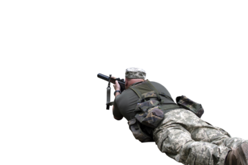 A Ukrainian soldier shooting from a machine gun isolated	