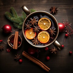 Top view of rustic pot with christmas red mulled wine and spices and christmas decor. Generative AI
