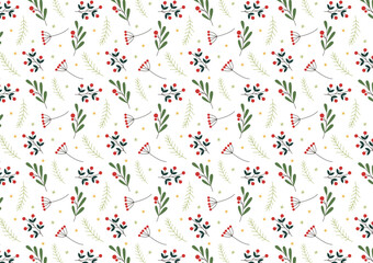 Christmas pattern with spruce branches. berries and stars. Vector illustration.