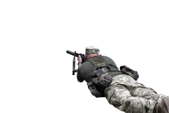 A Ukrainian soldier shooting from a machine gun isolated	