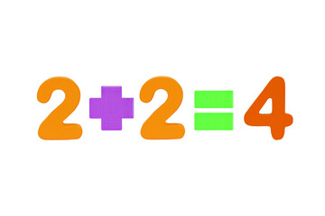 Two plus Two equals Four (2+2=4) Illustration. Image of simple math addition operation for kids, math operation to enhance brain skills (Plus, minus, multiply, divide) Isolated on cut out PNG.