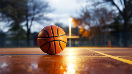 Basketball Ball at the Basketball Court in the Evening