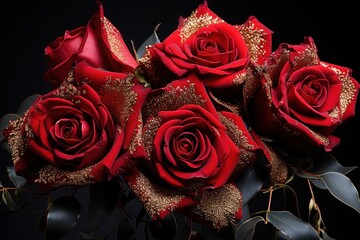 Luxurious red roses embellished with gold leaf for an opulent touch, engagement, wedding and anniversary image