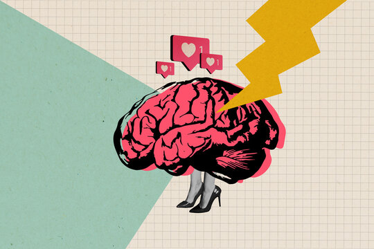 Creative abstract template collage of brain woman legs high heels social media heart like icon love billboard comics zine minimal concept