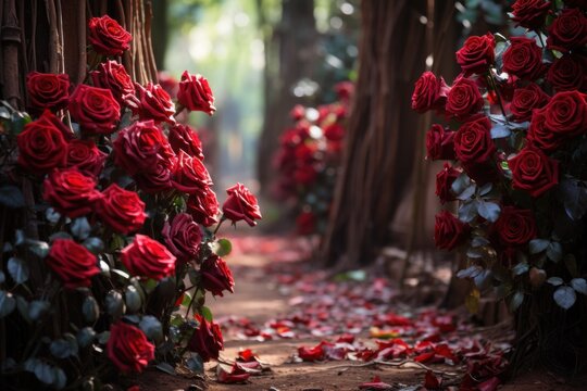 A romantic pathway of red roses beckoning lovers to a shared adventure, engagement, wedding and anniversary image