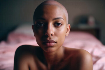 Generative AI image of serene bald latin transgender indoors