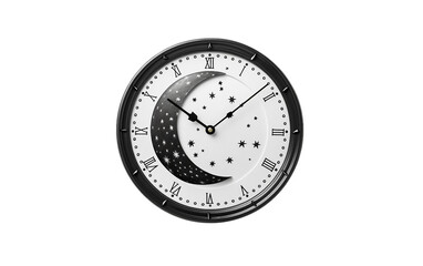 Black white wall clock, Moon Wall clock isolated on transparent background.