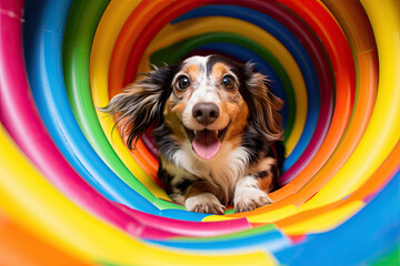 Generative AI image of joyful dog playing in colorful tunnel