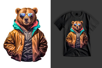 I am not WILD, Cool Wild Brown Bear wearing reflective Sunglasses and shiny Jacket, modern t shirt design for DTF print