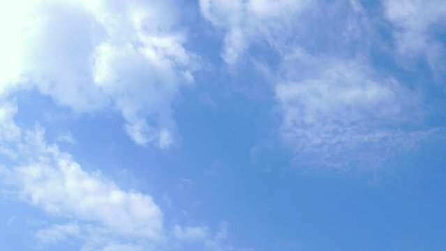 Flying moving blue sky background with tiny white clouds, White fluffy clouds in the blue sky