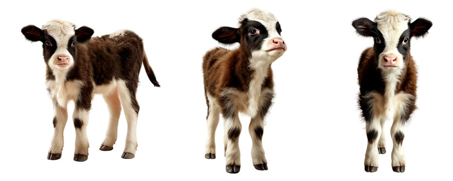 Set of calf baby cow standing multi pose isolated on transparent or white background