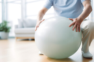Caucasian senior doing exercise with a swiss ball at a gym - obrazy, fototapety, plakaty
