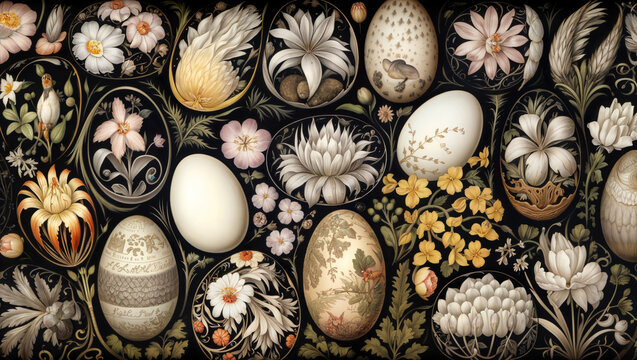 Detailrich Illustration of an Easter Arrangement with Eggs, Flowers and Floral Elements