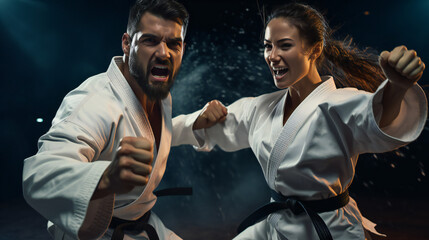 Man And Woman In Karate Gi Uniform With Aggressive Face Expressions