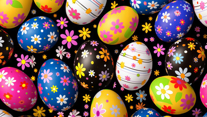 Easter subject with Easter eggs and a variety of colors and floral patterns - obrazy, fototapety, plakaty