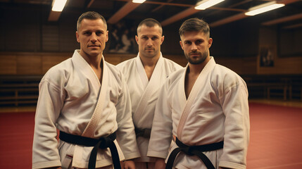 Three Men In Karate Gi Uniform With Black Belts Are Doing Karate In A Sports Hall - obrazy, fototapety, plakaty