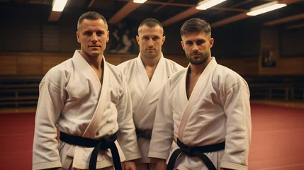 Fotobehang Three Men In Karate Gi Uniform With Black Belts Are Doing Karate In A Sports Hall © Imeji Main