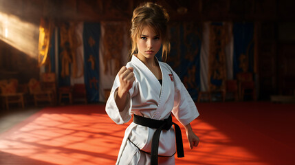 Young Woman Wearing White Karate Uniform With Black Belt