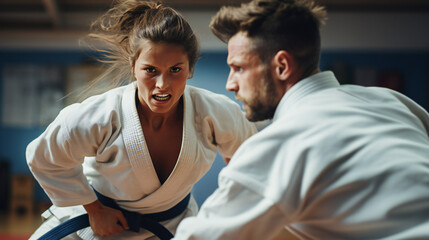 Aggressive Face Expression Of A Woman Who Does Judo 