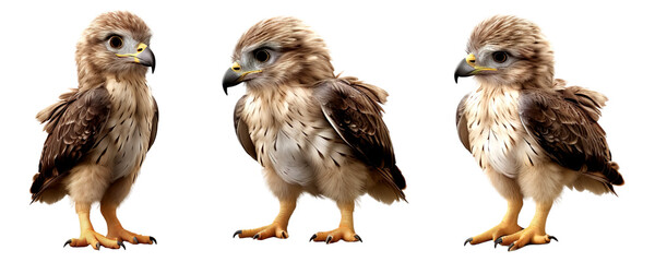 Set of  baby cute common buzzard bird pose, clipart, isolated on transparent or white background