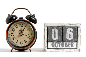 October 06 on wooden calendar with alarm clock white background.