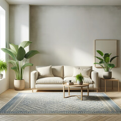 Contemporary Serenity: A Modern Living Space with Beige Sofa and Natural Wood Highlights Surrounded by Lush Potted Greens (ImageTitle, ModernHome, CozyInterior, PlantDecor, SereneLivingSpace, WoodenFu