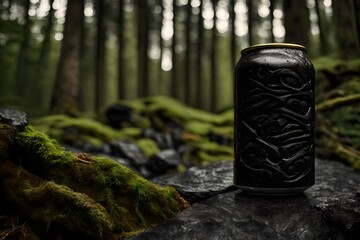 black beverage can with textured pattern in the woods , 33cl drink can presentation mockup - obrazy, fototapety, plakaty