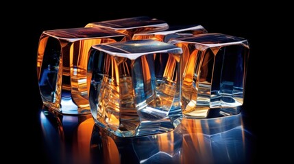 A group of four glass or ice cubes sitting on a black surface, AI