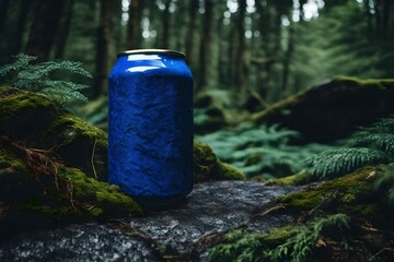 closeup beverage can with tblue extured pattern in the forest , 33cl drink can presentation template