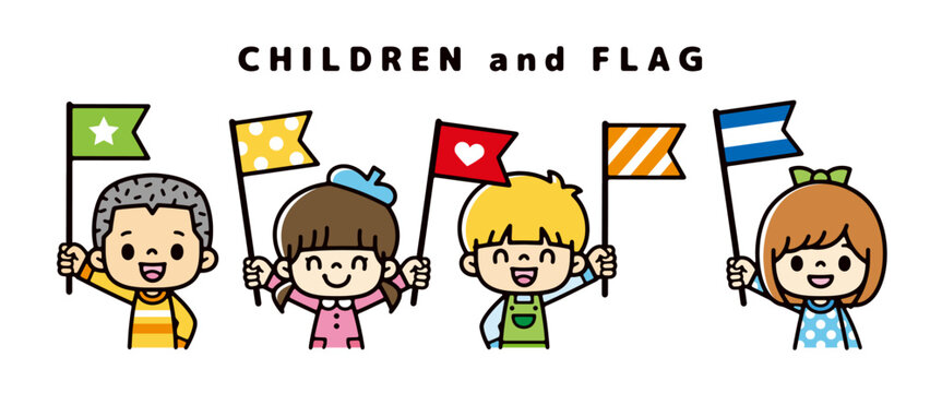 Vector illustration of children around the world smiling and waving flags