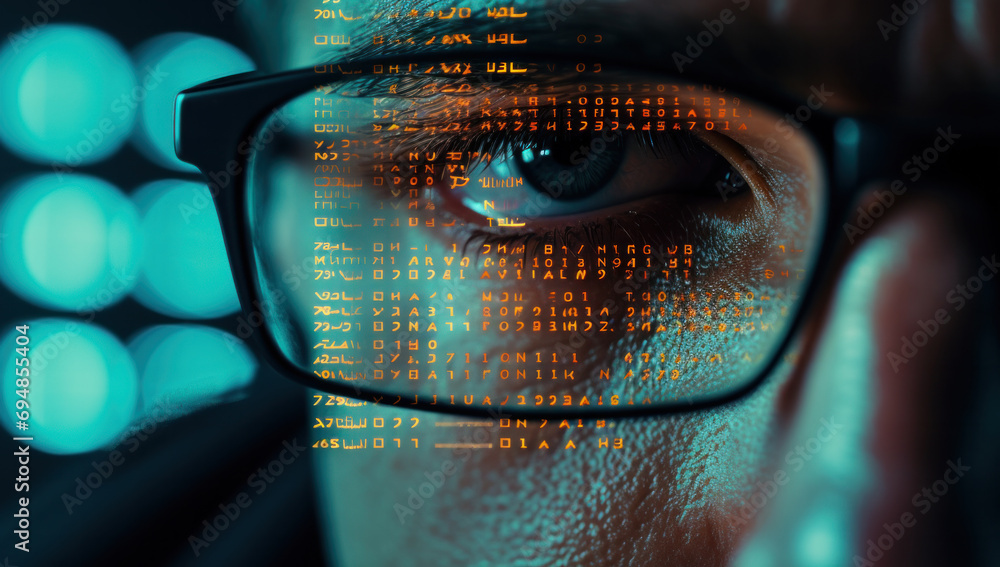 Poster close up shot of man with eyeglasses with digital elements projected on