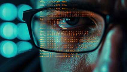 Close up shot of man with eyeglasses with digital elements projected on