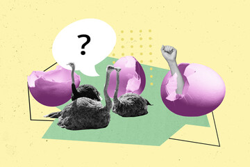 3d retro abstract creative artwork template collage of ostrich man fist hatch eggshell surrealism...