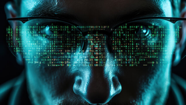 Close up shot of man with eyeglasses with digital elements projected on